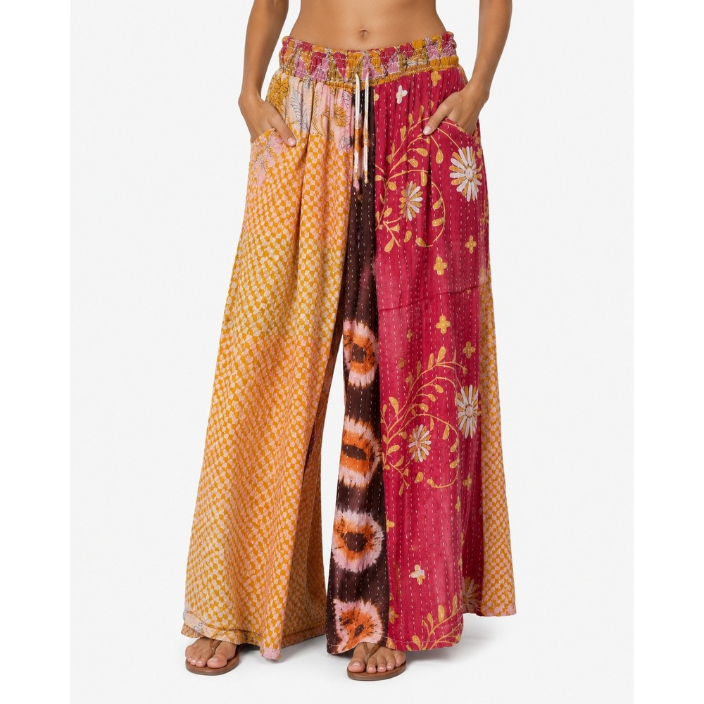 Handmade Kantha Patchwork Super Wide Leg Palazzo Pants Cotton India Yellow Red